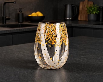 Copa de vino pintada a mano con diseño de abedul, vaso con diseño de árbol, vaso para beber con diseño de bosque, copa de vino de las cuatro estaciones, vaso con diseño de árbol de verano, vasos para agua y zumo.