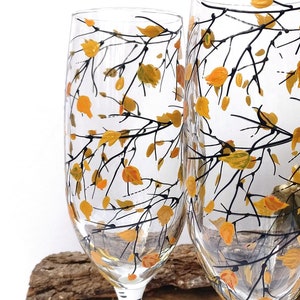 Bride and Groom Flutes -- FALL WEDDING, Birch Tree Wedding, Rustic Wedding, Toasting Hand Painted Champagne Glasses &quot;Fall Birch&quot; Set of 2