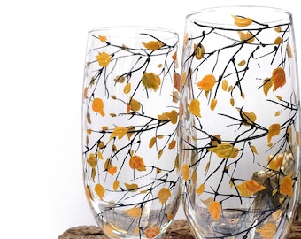 Copas de champán de abedul / Boda de otoño / Boda en álamo temblón / Boda en abedul / Decoraciones rústicas para bodas / Copas pintadas / Juego de 2