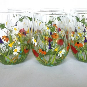 Hand Painted Stemless Wine Glasses, Wild flower Decor, Home Decor, Kitchen Decor, Gift Idea, Wedding Gift, For Mom, For Her - Set of 6