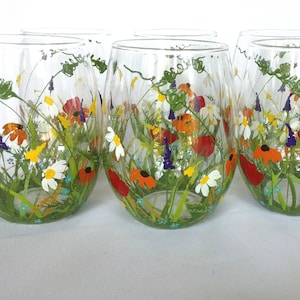 Hand Painted Stemless Wine Glasses, Wild flower Decor, Home Decor, Kitchen Decor, Gift Idea, Wedding Gift, For Mom, For Her - Set of 6