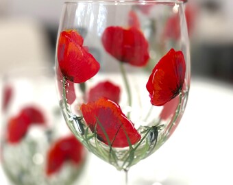 Hand Painted Wine Glass, Poppies Painted Drinking Glass, Floral Wine Glasses, Gift for Wife, Wine Gift, Mother's Day Gift, Big Sis Gift