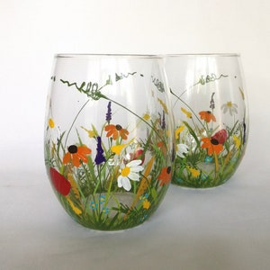 Stemless Wine/Juice/Water Glasses. Hand Painted Wildflower Glasses. Wedding Gift, Birthday Gift, Christmas Gift, Gift Idea -- Set of 2