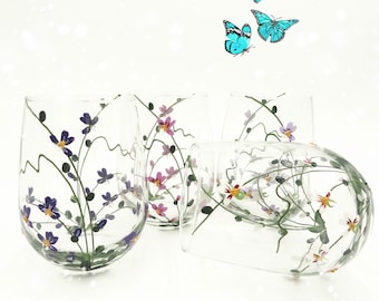 Copas de vino sin tallo, copas de vino con orquídeas, idea de regalo, regalo de Navidad, para ella, para mamá, decoración de cocina, pintadas a mano - Juego de 4