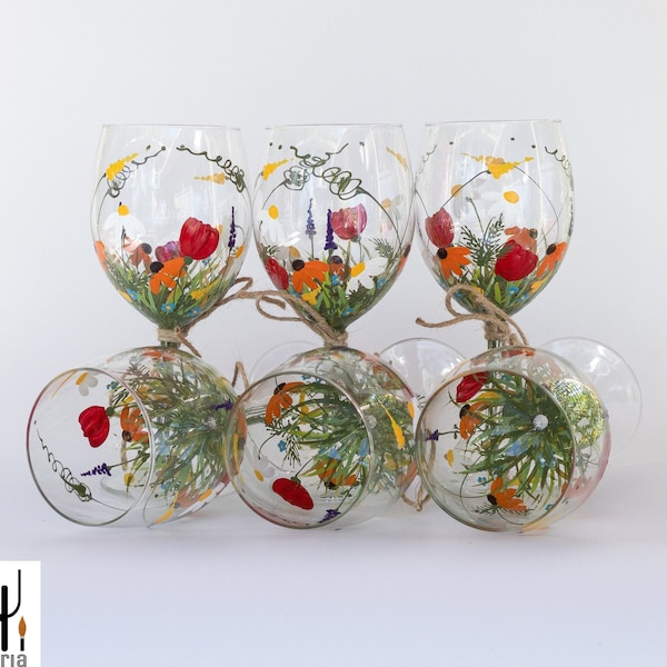 Wine Glasses, Hand Painted Wine Glasses,Keepsake, Birthday Gift, Bridesmaid Gift, Wedding Gift --"Bouquet of wildflowers" -- Set of 6