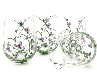 Copas de vino con orquídeas, copas de vino sin tallo pintadas a mano, regalo de vino, regalo de boda, regalo de Navidad, regalo de cumpleaños para esposa, juego de 4