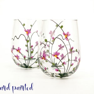 Stemless wine glasses, Orchids Hand painted wine glasses, Wine gift for woman, For mom, Orchids lover gift, Birthday gift, For her Set of 2