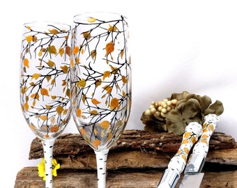 Copas de champán para boda otoñal, juego de cuchillo y pala para pastel, boda entre abedules y álamos, boda rústica, regalos de boda, decoración de boda - Juego de 4
