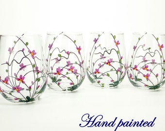 Orchids Wine Glasses -- Hand Painted Stemless Wine Glasses, Wedding Gift, Gift Ideas, Birthday Gift  -- "Orchids" Set of 4