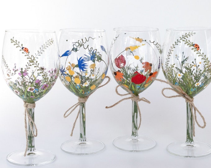 Wine glasses, Wildflowers hand painted wine glasses, Wine lover gift, Mother's Day gift, Birthday gift, Bridesmade gift, Best friend gift