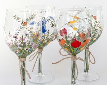 Wine glasses, Wildflowers hand painted glasses, Wine lover gift, Mother&#39;s Day gift, Birthday gift, Bridesmade gift Best friend gift Set of 4