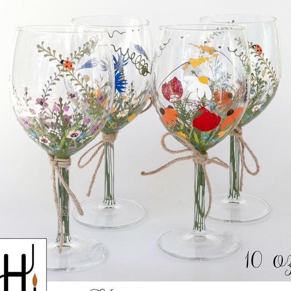 Wine glasses, Wildflowers hand painted glasses, Wine lover gift, Mother's Day gift, Birthday gift, Bridesmade gift Best friend gift Set of 4