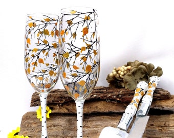 Bride and Groom Champagne Glasses and Cake Knives,  FALL WEDDING, Wedding Flutes, Rustic wedding, Cake Cutting set, "Fall Birch" Set of 4