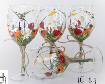 Hand Painted Wine Glasses, Floral Wine Glasses, Keepsake, Gift for Mom, Bridesmaid Gift, Wedding Gift, "Bouquet of wildflowers", Set of 4