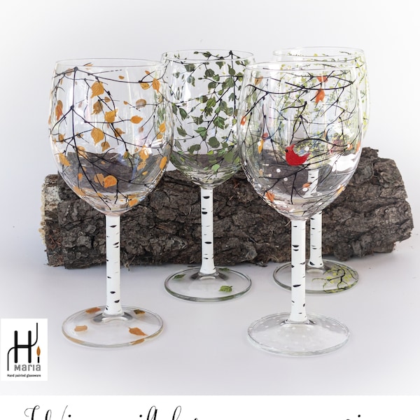 4 seasons wine glasses - Wine Gift - Christmas Gift - Gift for Mom - Gift For Her - Gift for woman - Hand Painted Wine Glasses  - Set of 4