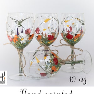 Wine Glasses -- Hand Painted Wine Glasses, Keepsake, Gift Idea, Bridesmaid Gift, Wedding Gift -- &quot;Bouquet of wildflowers&quot; -- Set of 4