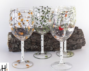 Four seasons wine glasses | Birch / Aspen Tree Wine Glasses | Wedding Gift | Christmas Gift | Hand painted wine glasses | Gift idea Set of 4