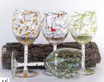 Four seasons wine glasses, Gift Idea, Gift for Mom, For Her, Christmas Gift, Keepsake --  Hand Painted Wine Glasses "4 seasons" Set of 4