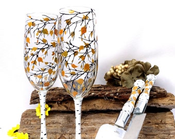 Copas de champán con diseño de abedul pintadas a mano, juego de 4 para bodas de otoño