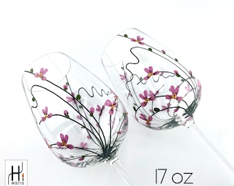 WINE GLASSES --  Keepsake, Birthday Gift, Gift For Her, Gift For Mom, Christmas Gift -- Hand Painted Wine Glasses "Orchids" Set of 2