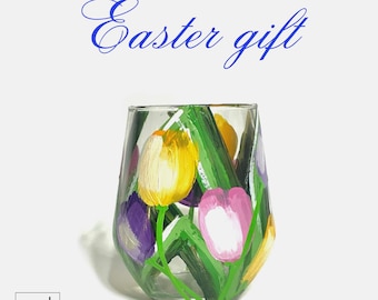 Regalo de Pascua / Flores de primavera / Copa de vino de tulipán / Tulipanes de flores de primavera / Vidrio artístico / Regalo para amantes de los tulipanes / Decoración de primavera / Pintado a mano