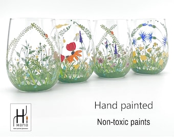 Stemless wine glasses Hand painted wine glasses Wildflowers wine glasses Wine gift Gift for woman Drinking glasses Gift for wife Set of 4