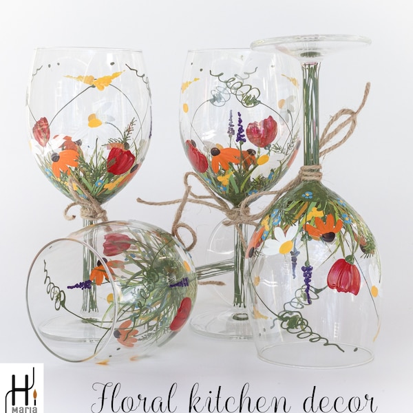 Floral Wine Glasses , Hand Painted Wine Glasses, Keepsake, Wild Flowers Wine Glasses, Hand Painted Glass Set, Wedding Table Glasses