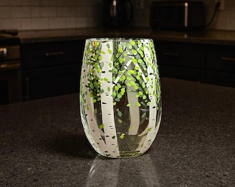 Birch Tree Hand Painted Wine Glass, Tree Tumbler, Forest Drinking Glass, Four Seasons Wine Glass, Summer Tree Glass, Water Juice Glasses