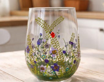 Purple Floral Wine Glass, Hand Painted Purple Flowers Wine Glass, Painted Stemless Juice Glass, Small Flowers Wine Glass, Purple Lover Gift