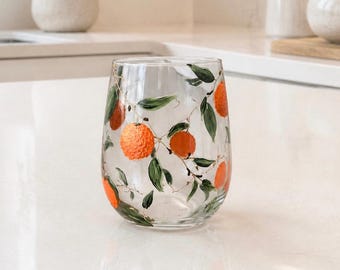 Hand Painted Orange Stemless Wine Glass,  Citrus Glass, Orange Juice Tumbler, Juice Hand Painted Glass, Christmas Gift, Gift for Woman,