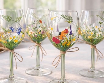 Copas de vino pintadas a mano, diseño de pradera de flores silvestres, juego de 4