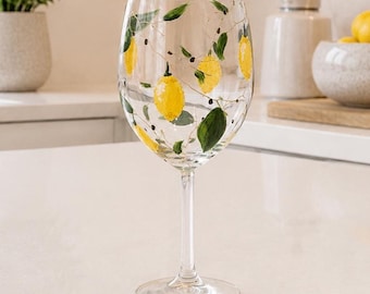 Hand Painted Lemon Wine Glass, Stemmed Citrus Drinkware, Artisan Handcrafted Glassware