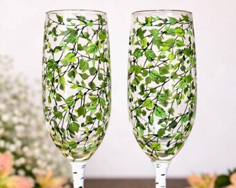 Copas de champán botánicas, copas de boda pintadas a mano con hojas verdes, copas de brindis para bodas en el jardín, juego de 2 copas con arte forestal