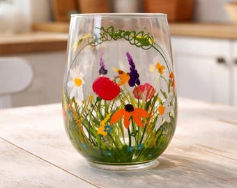 Wild Flowers Hand Painted Stemless Wine Glass, Floral Wine Glass, Rustic Kitchen Table Decor, Gift for Gardener, Gift from Daughter