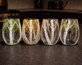 Birch Tree Stemless Wine Glasses, Aspen Tree Wine Glasses, Four Seasons Wine Glasses, Painted Glasses, Drinking glasses, 4 Seasons Glass Set