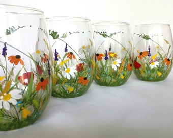 Stemless Wine/Juice/Water Glasses. Hand Painted Wildflower Glasses. Wedding Gift, Birtday Gift, Christmas Gift, Gift Idea -- Set of 4