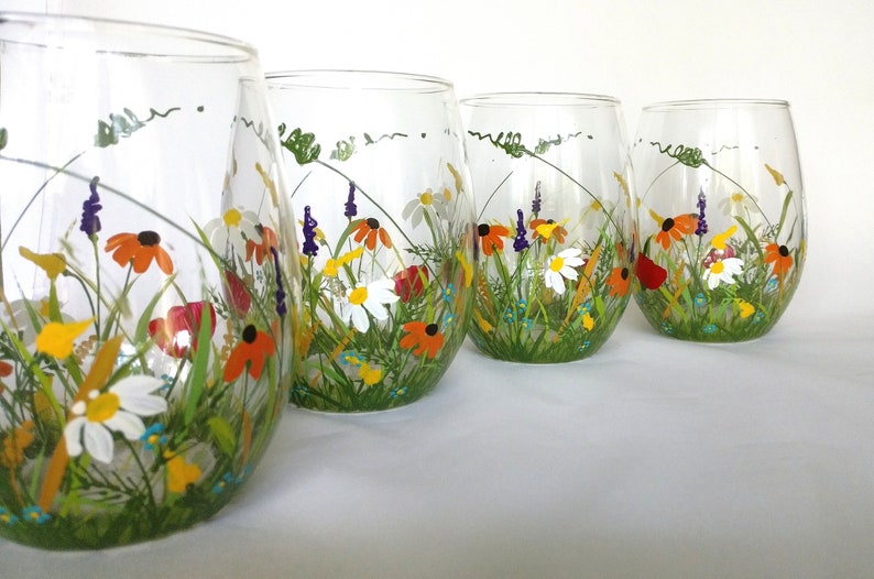 Stemless Wine/Juice/Water Glasses. Hand Painted Wildflower Etsy