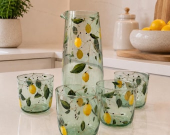 Hand Painted Lemon Glassware Set of 5, Green Drinking Glasses and Pitcher/Carafe, Italian Style Lemonade Set, Citrus Kitchen Decor