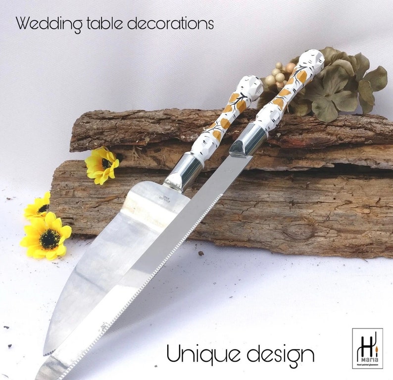 Wedding cake knife Aspen/Birch tree weddings Cake knife set Fall wedding Cake knife and server Autumn wedding Rustic wedding Cake cutter set image 1