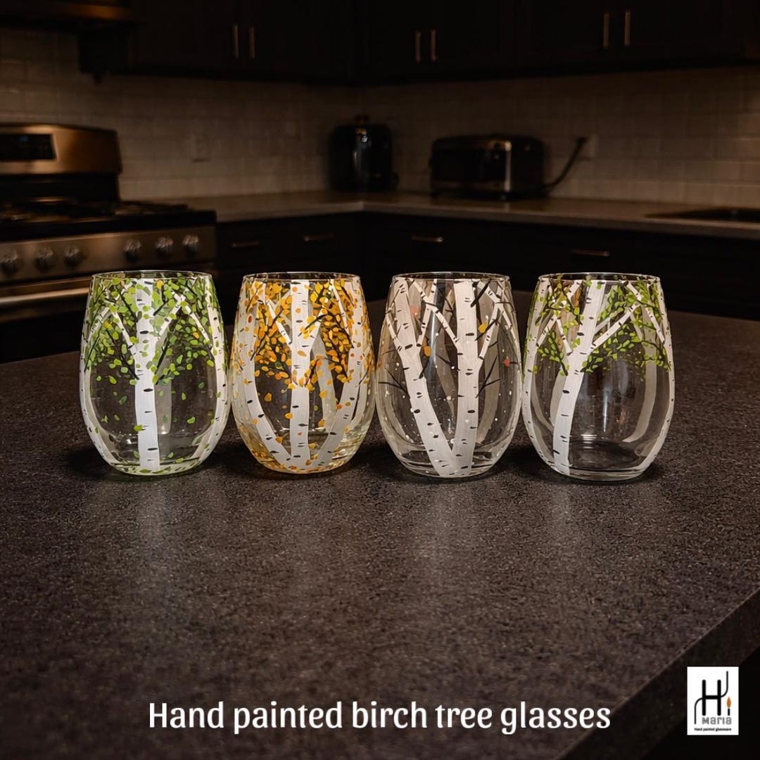 Birch Tree Hand Painted Wine Glasses Set of 4, Forest Woodland Drinking ...