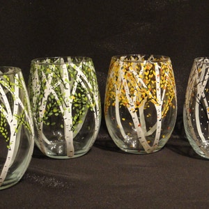 Stemless wine glasses | Birch tree wine glasses | Aspen tree wine glasses | Four seasons wine glasses | Painted glasses  4 seasons Set of 4
