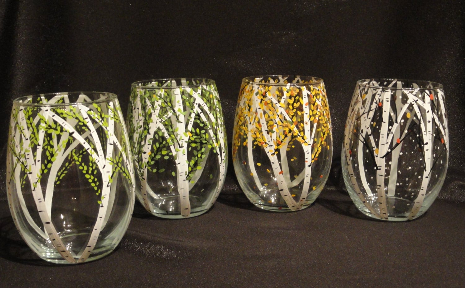 Stemless wine glasses, Birch tree wine glasses, Aspen tree wine glasses, Four seasons wine glasses, Painted glasses -- "4 seasons" Set of 4