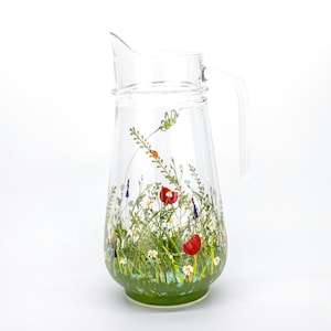 Hand painted pitcher, Wildflowers pitcher, Farmhouse kitchen decor, Gift for mom, Gift for wife, Glass pitcher, Table decor