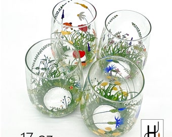 Copas de vino sin tallo pintadas a mano, decoración de flores silvestres, juego de 4