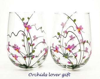 Orchids Wine Glasses, Hand Painted Stemless Wine Glasses, Floral wine glasses, Gift for wife, Christmas gift, Birthday Gift For mom Set of 2