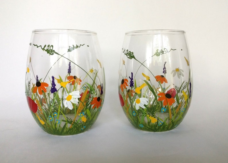 Stemless Wine/juice/water Glasses. Hand Painted Wildflower Etsy