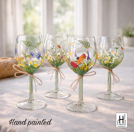 Handbemalte Weingläser im Wildblumenwiesen-Design, 4er Set