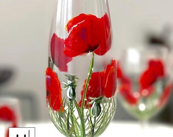 Vidrio pintado a mano / Vidrio pintado con amapolas / Copas de champán florales / Regalo para mujer / Regalo de vino / Regalo del Día de la Madre / Regalo para amantes de las amapolas
