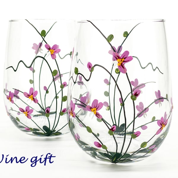 Orchids Wine Glasses, Hand Painted Stemless Wine Glasses, Floral wine glasses, Gift for wife, Christmas gift, Birthday Gift For mom Set of 2