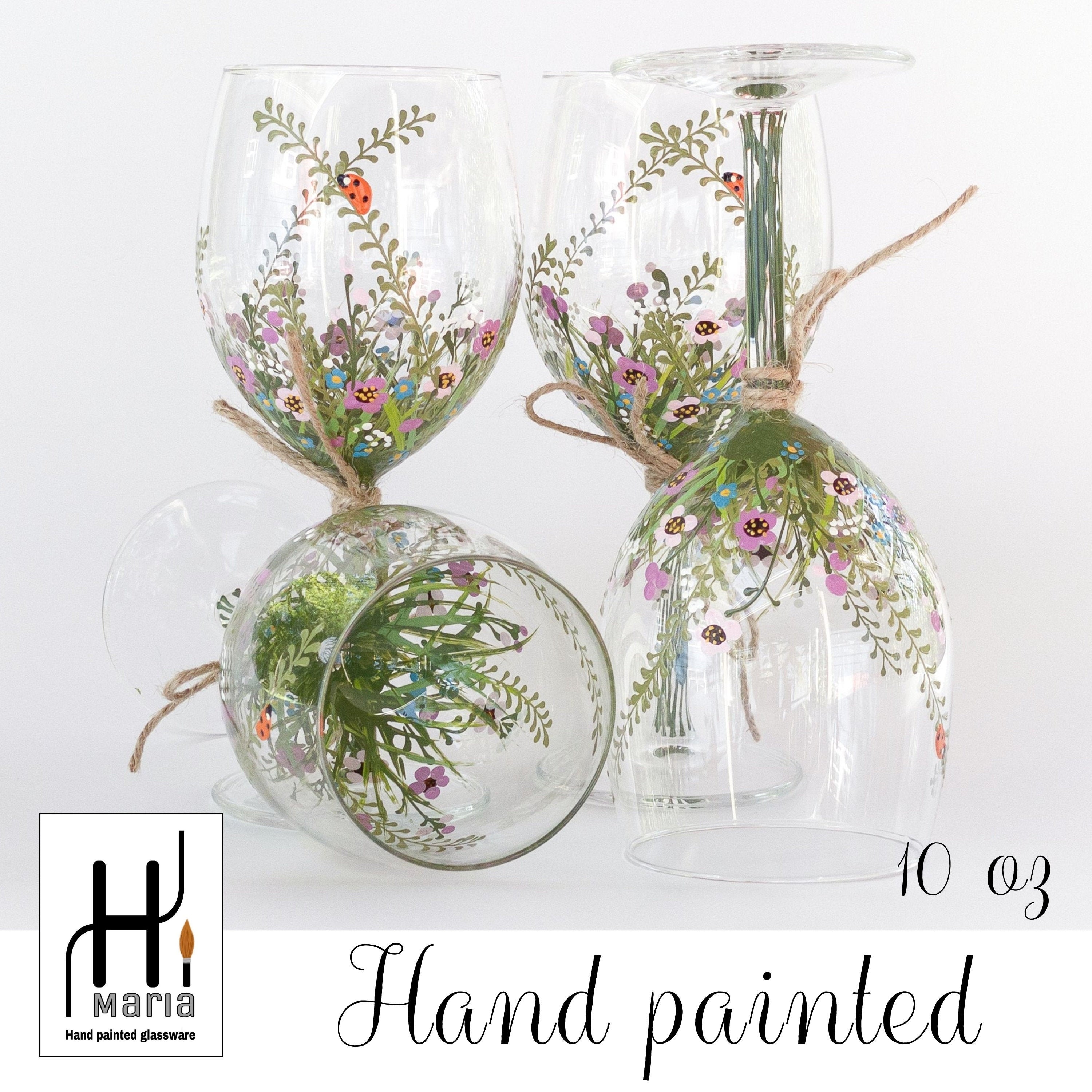 Cute Artisan Hand Painted Dandelion Stem 16 oz Wine Glass 8.5 tall.